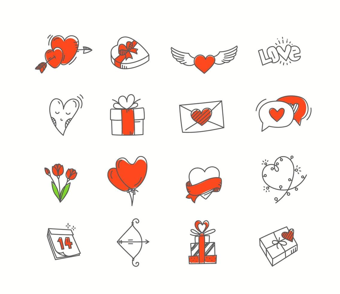 Elementos del vector del día de San Valentín de estilo cómico. conjunto de iconos dibujados a mano