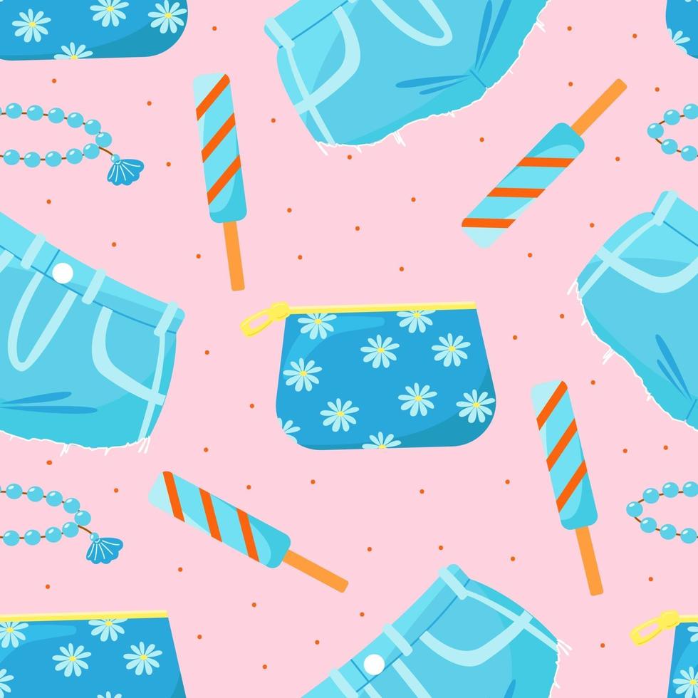 Seamless pattern with cosmetic bag, denim shorts and ice cream, cute girl's print, vector illustration in flat style.