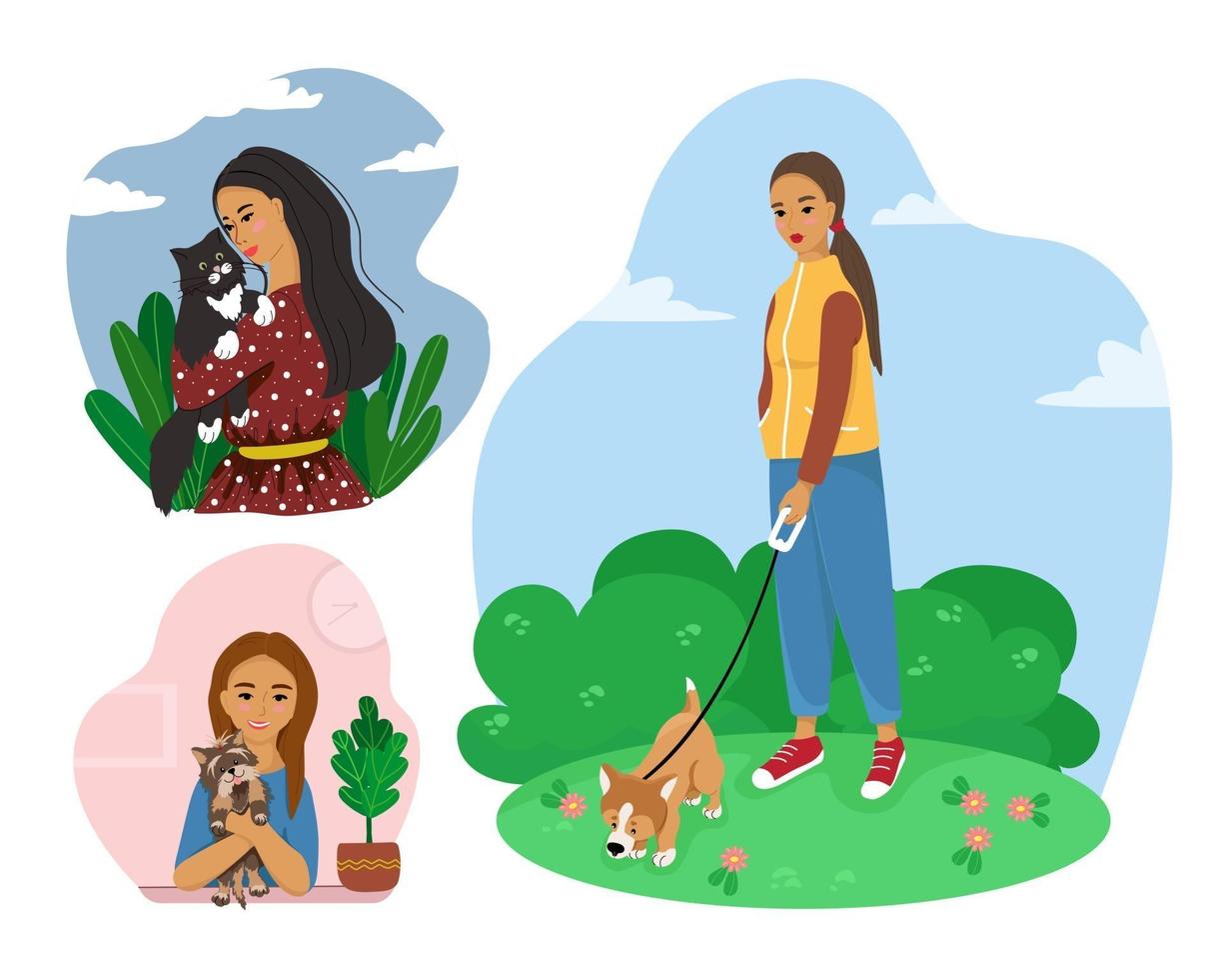 Happy pet owners, set with people and pets, cats, dogs, vector illustration in flat style.
