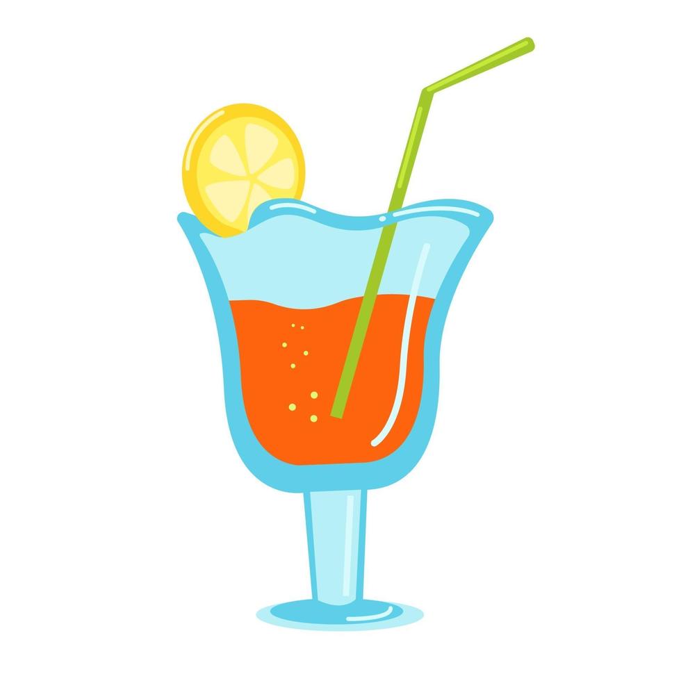 Cóctel de verano brillante en una copa de vino con una hermosa rodaja de limón, cóctel de playa con una pajita, imágenes prediseñadas de vector sobre un fondo de color en un estilo plano.