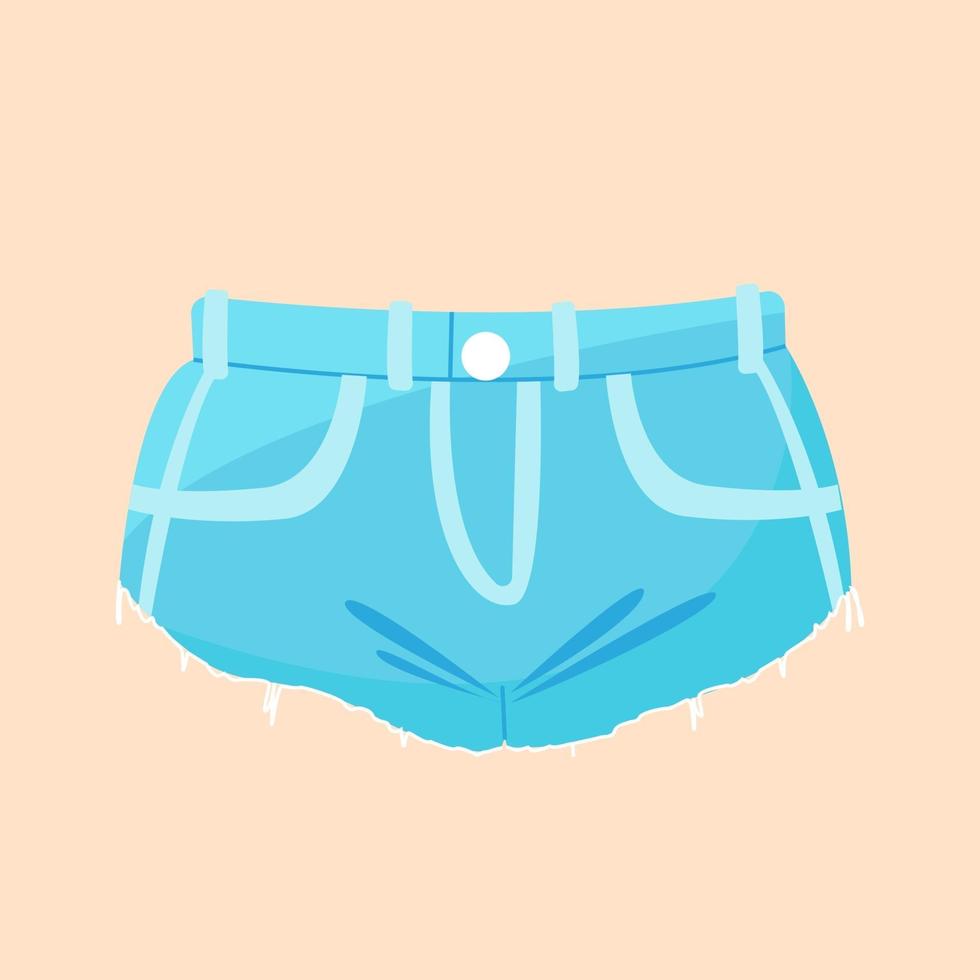 Blue denim women's shorts, fashionable short denim shorts with torn edges, vector clip art on a colored background in a flat style.