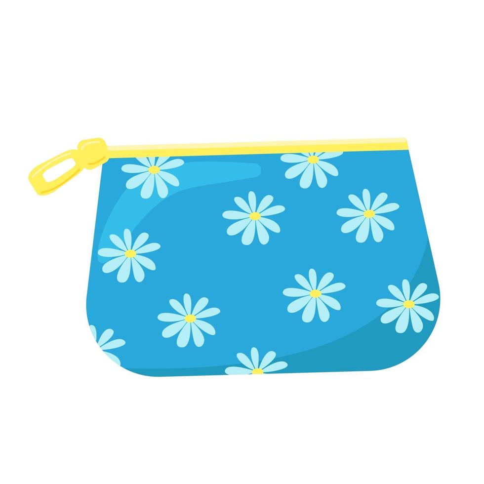 bolso cosmético de mujer azul con cremallera, estampado de manzanilla, imágenes prediseñadas vectoriales sobre un fondo de color en un estilo plano. vector