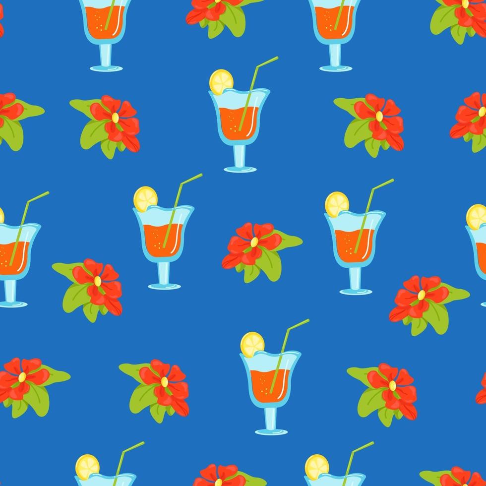 Seamless floral pattern with tropical flowers and cocktails in wine glasses, vector print in flat style, bright summer pattern.