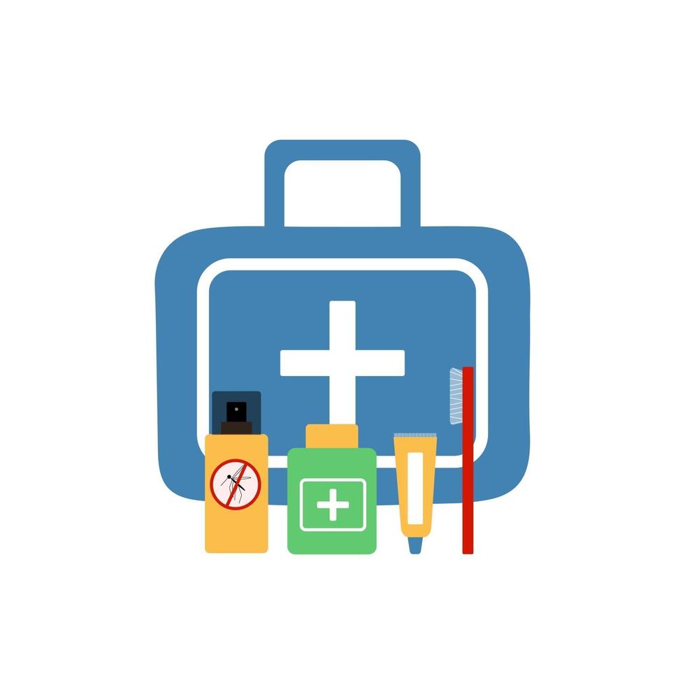 Travel first aid kit, blue medical bag with white cross and set of medicines, vector objects in flat style.