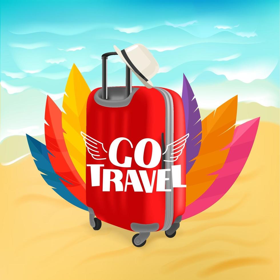 Red suitcase on sunny beach. Go travel vector