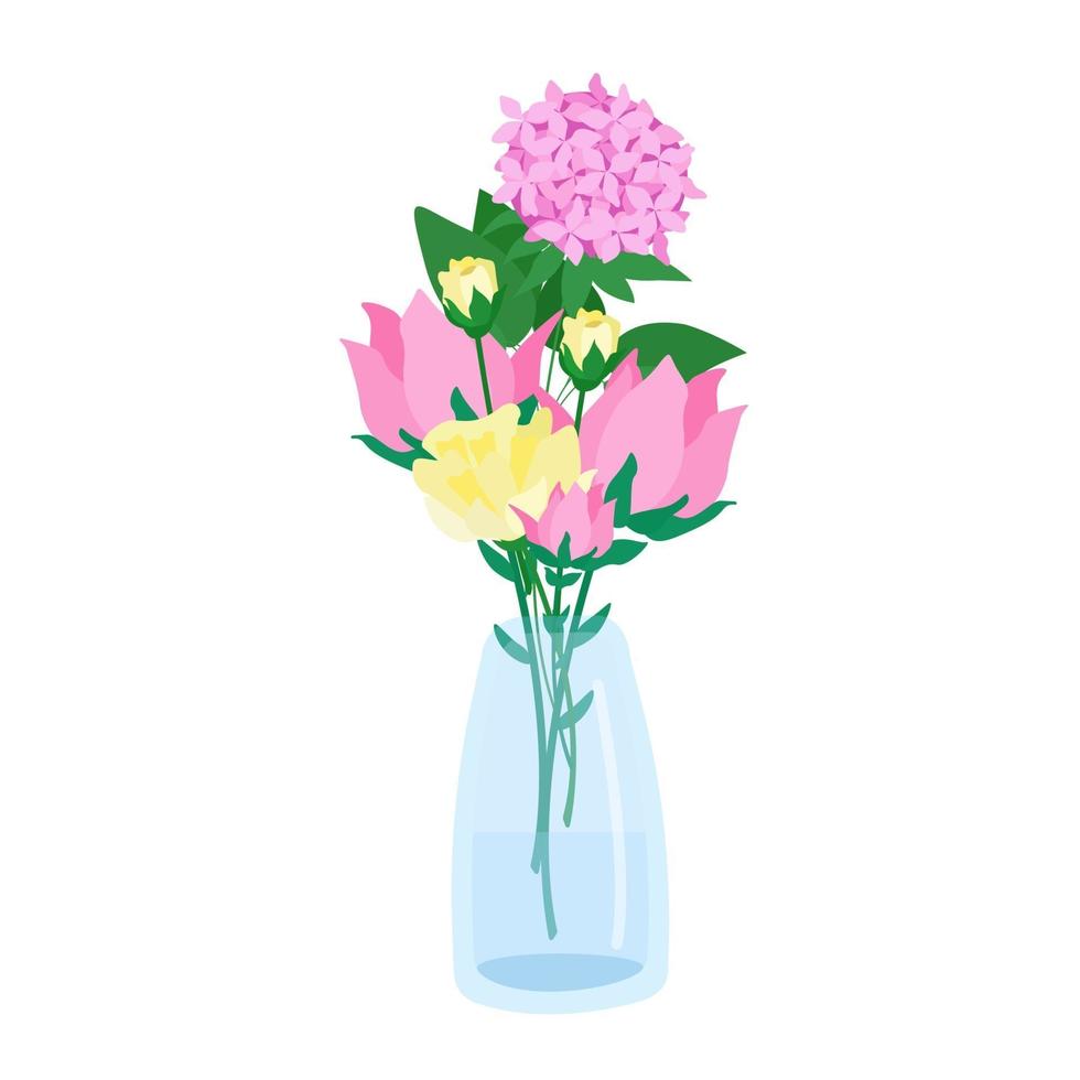 Beautiful flowers in a vase, a bouquet of lilies cute garden flowers, vector object in a flat style on a white background.