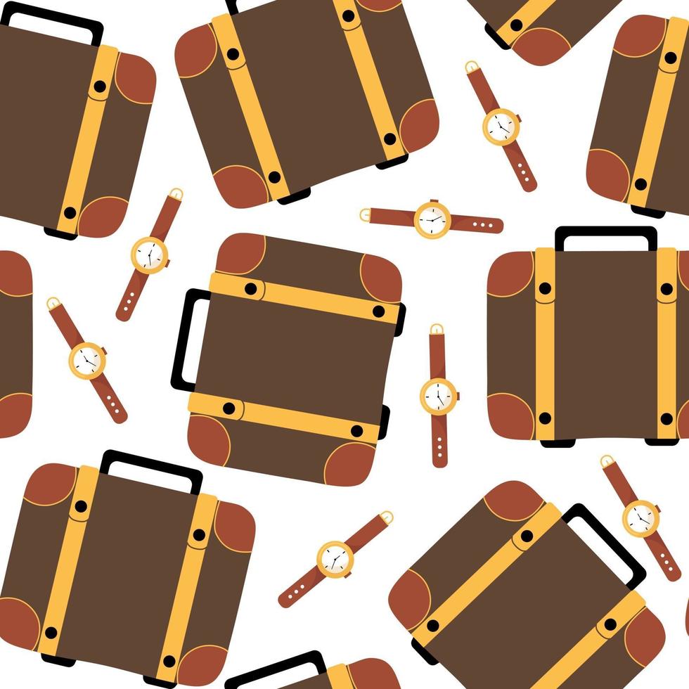 Brown travel case and wristwatch seamless pattern, print with leather suitcase, vector illustration in flat style.