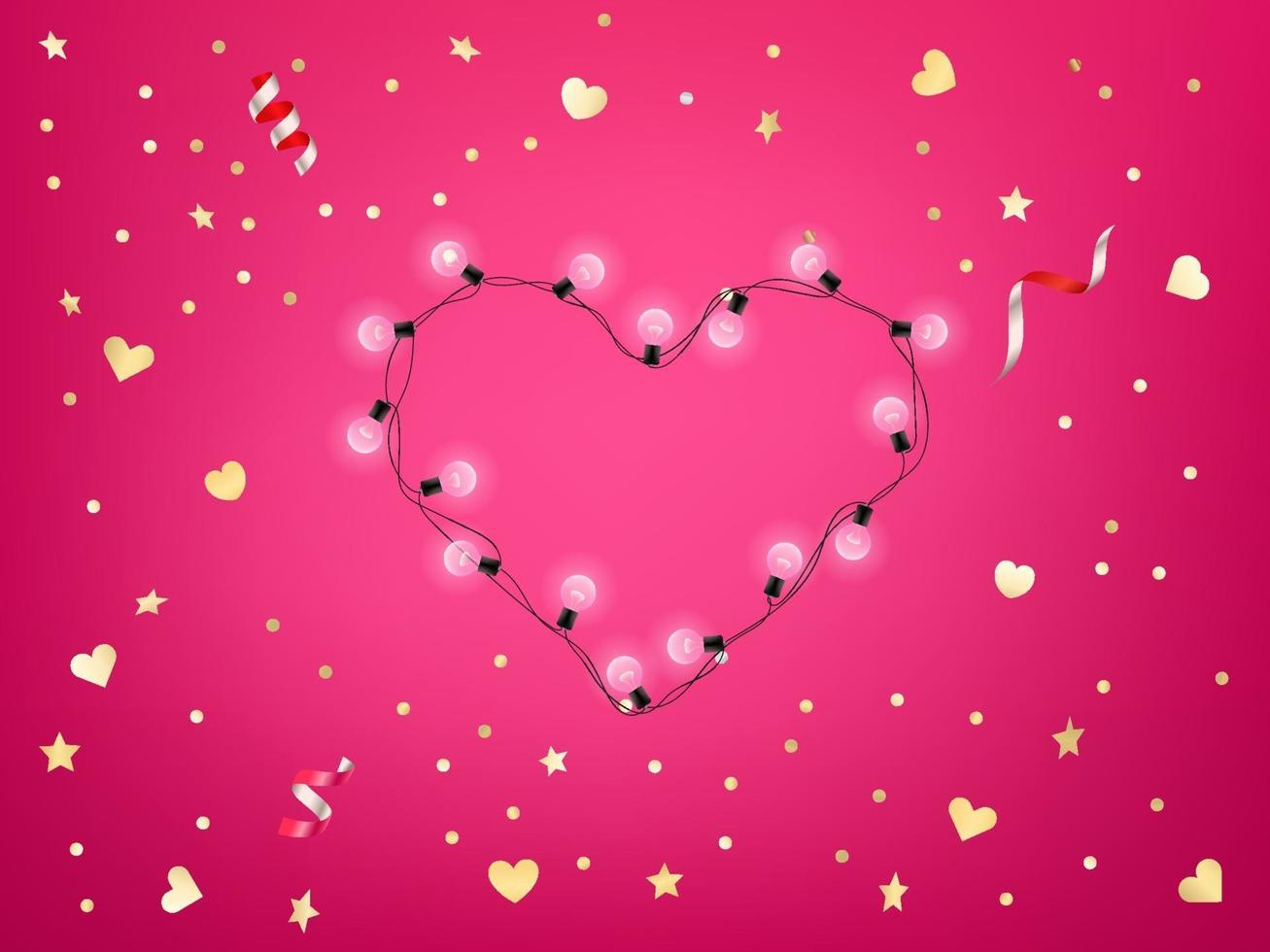 Shining heart and golden confetti on pink background. Valentines day card template vector