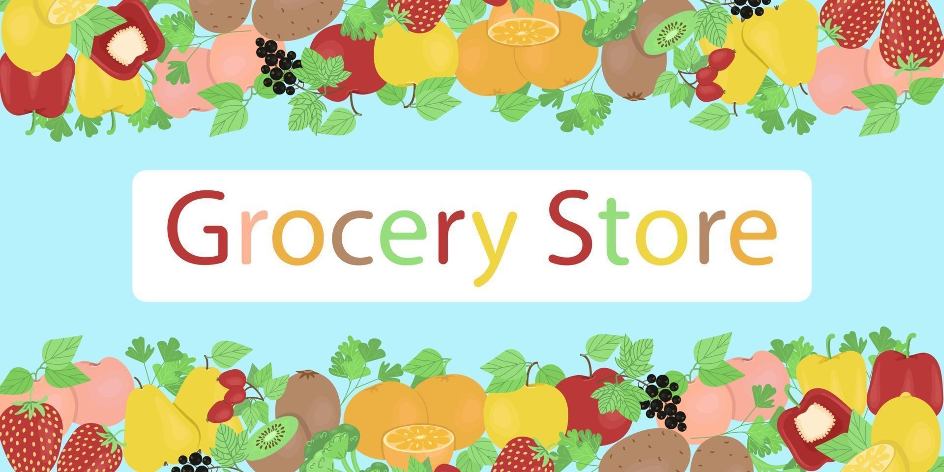cartel para tienda con verduras y frutas frescas, plantilla de banner para productos, ilustración vectorial de estilo plano. vector
