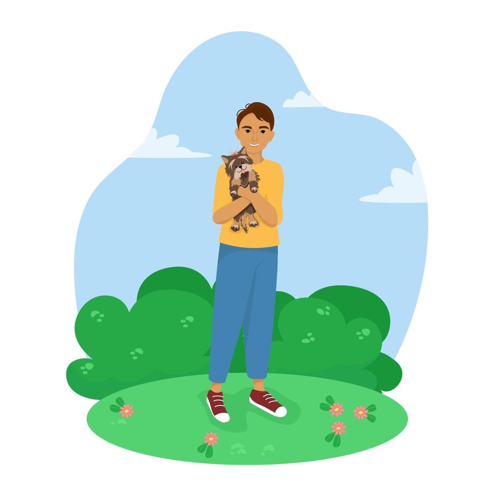 Young man with a dog in his arms, happy pet owner, yorkshire terrier, vector illustration in flat style.