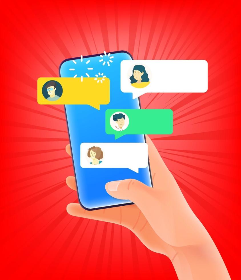 Hand holding modern smartphone viewing people on chat app vector