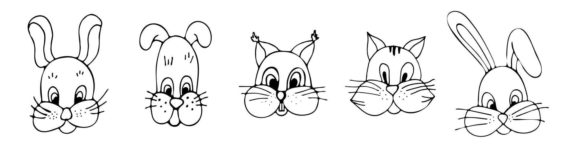 Cute animals rabbit cat dog squirrel set, collection of hand-drawn linear icons, vector on a white background.