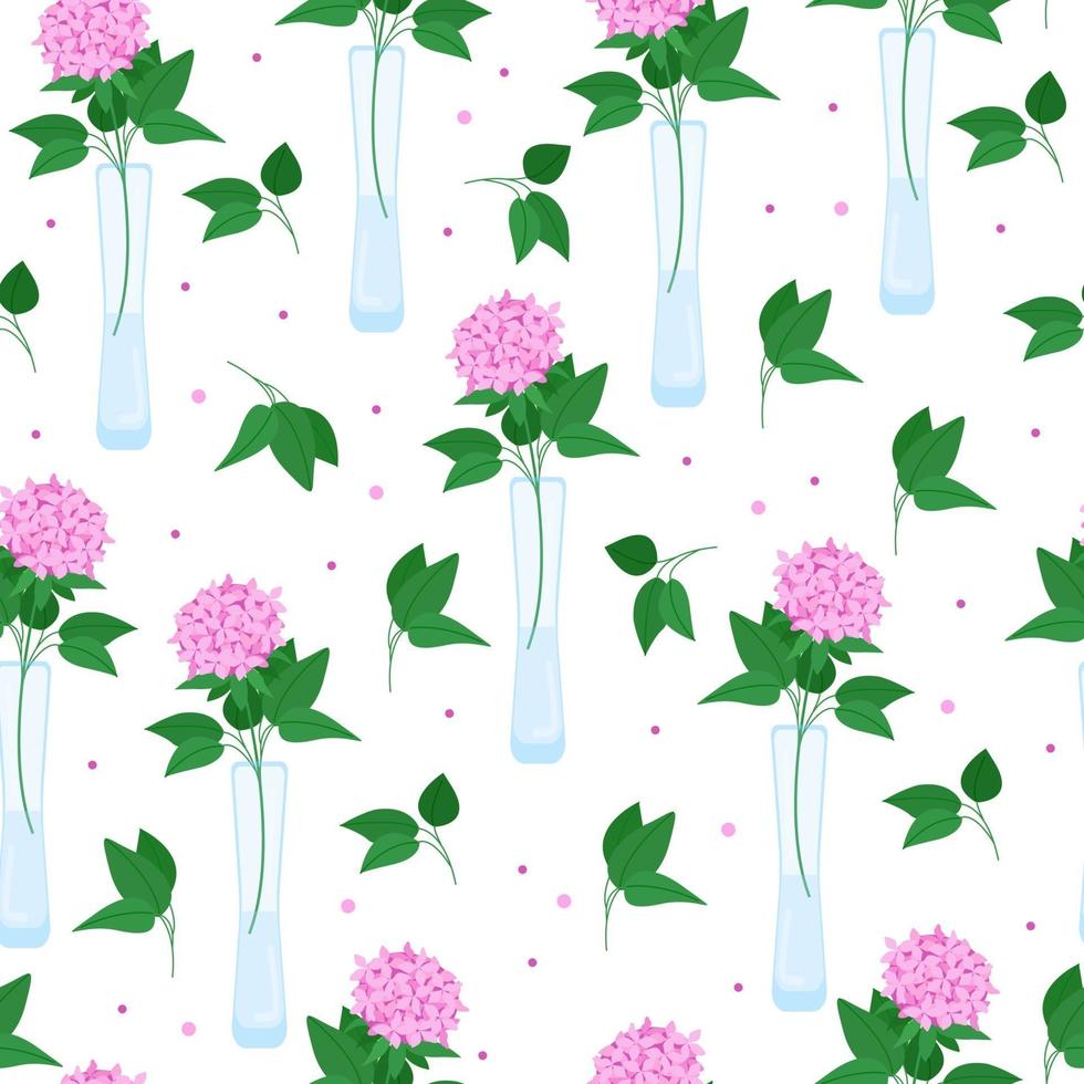 Seamless floral pattern with hydrangeas. Flowers in vases of different shapes, beautiful flowers, glass minimalist vases, vector illustration in flat style.