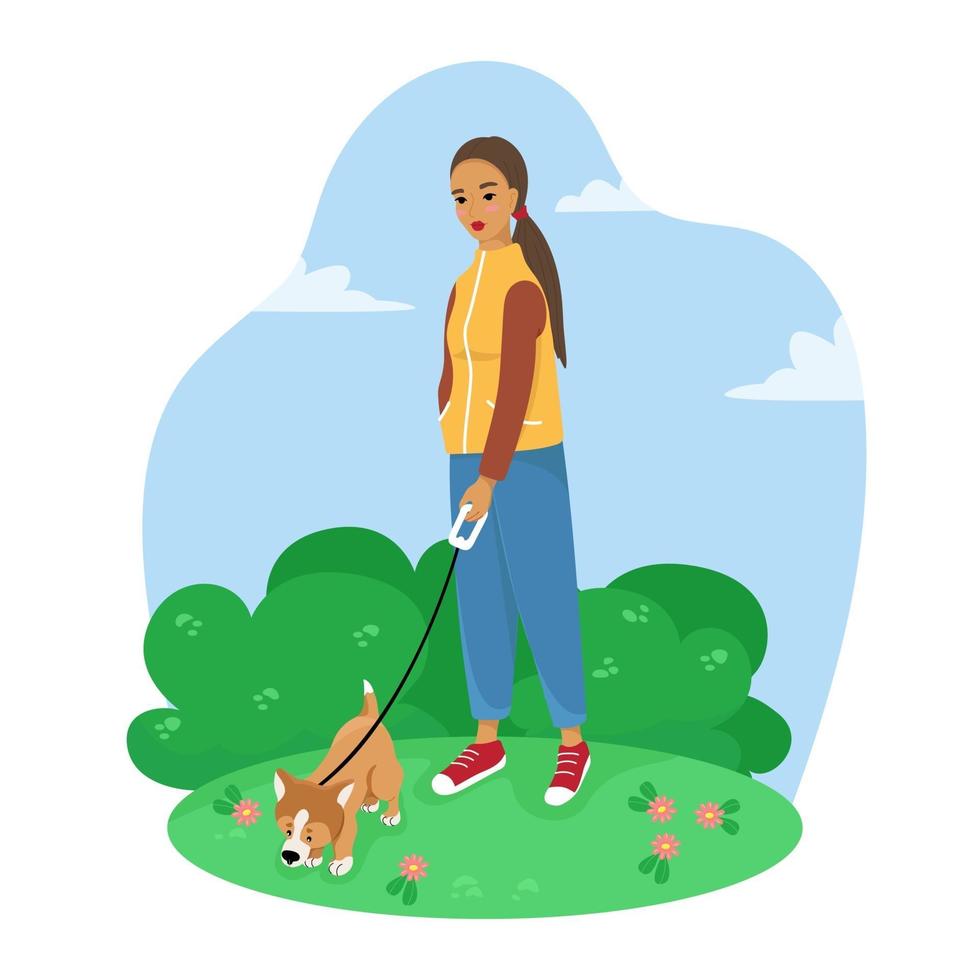 dueños de mascotas felices, personas y mascotas, gatos, perros, ilustración vectorial en estilo plano. vector