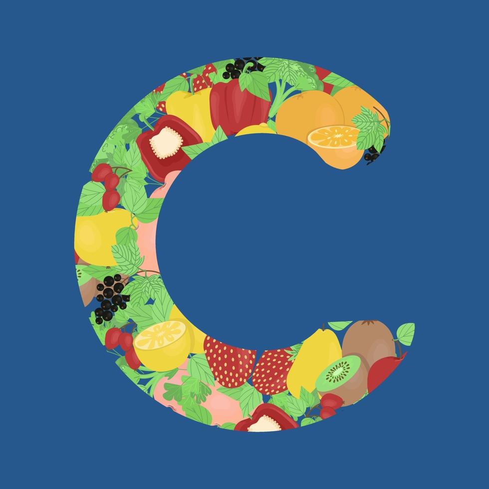 Fruits and vegetables in the shape of the letter C, seasonal vitamins, vector image in flat style.