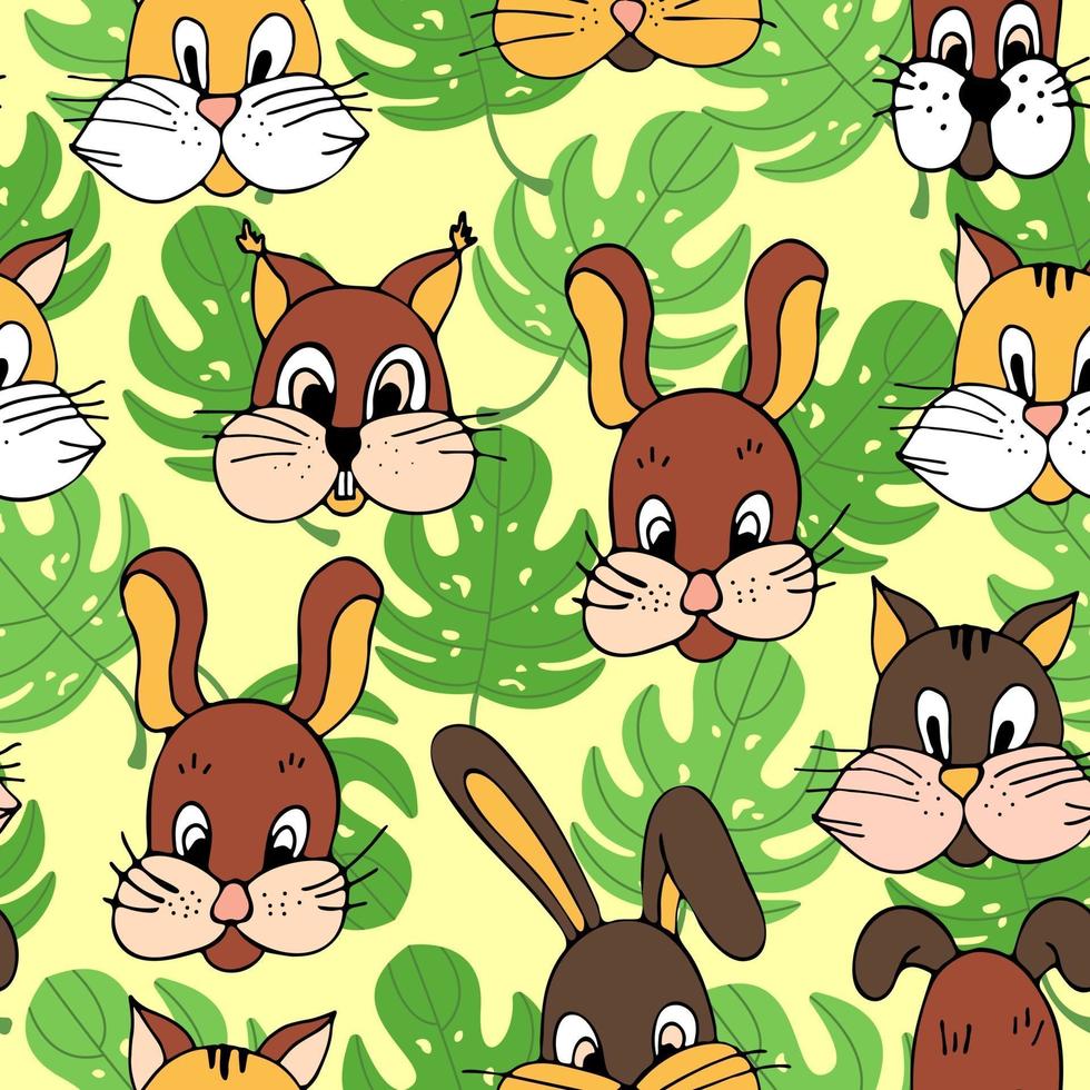 Cute muzzles of animals cats bunnies puppies squirrels seamless pattern, vector hand-drawn print.