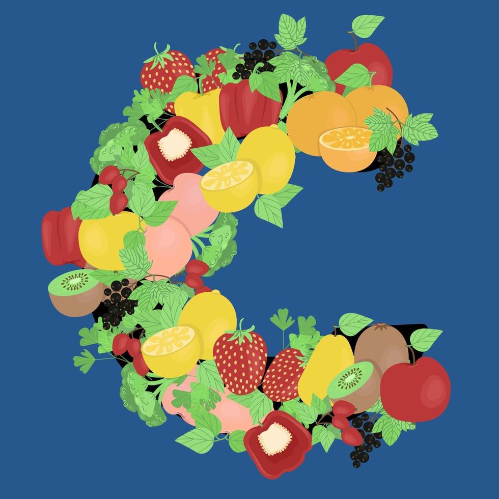 Fruits and vegetables in the shape of the letter C, seasonal vitamins, vector image in flat style.