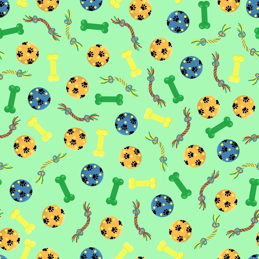 Seamless pattern with dog toys, print with pet items, vector illustration in tsili flat.