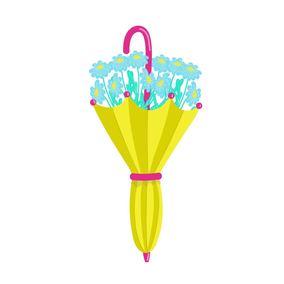 Bouquet of flowers in yellow an umbrella , design and decor element, spring composition, vector illustration in cartoon style, hand draw.