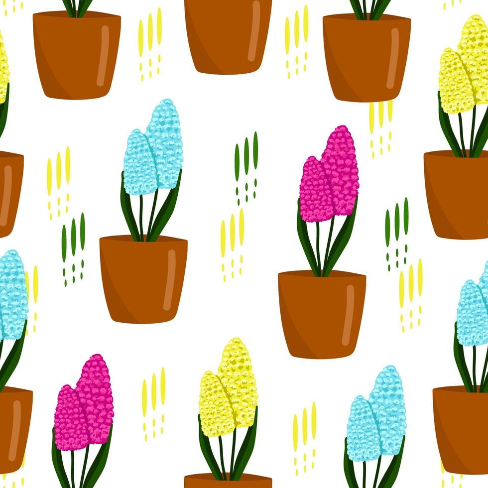 Seamless floral pattern with hyacinths, cute spring print, flowers in pots, vector illustration in cartoon style.