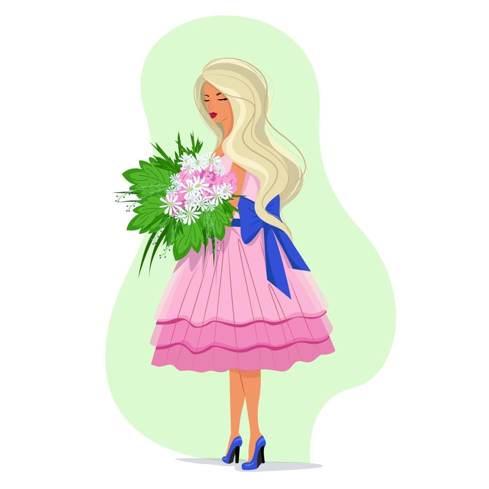 Girl in a pink dress holding a lush bouquet of daisies in her hands, long blond hair fluttering in the wind, vector in flat style, cute spring illustration.