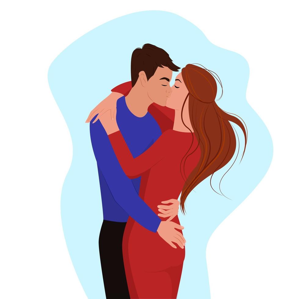 Two lovers hugging and kissing, guy hugging a girl by the waist and kissing, couple in love, valentines day, vector illustration in flat style.