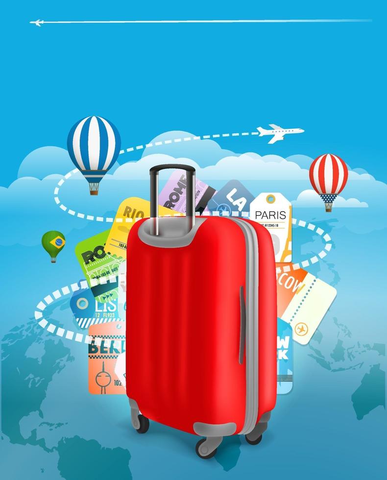 Travel bag and different touristic elements vector