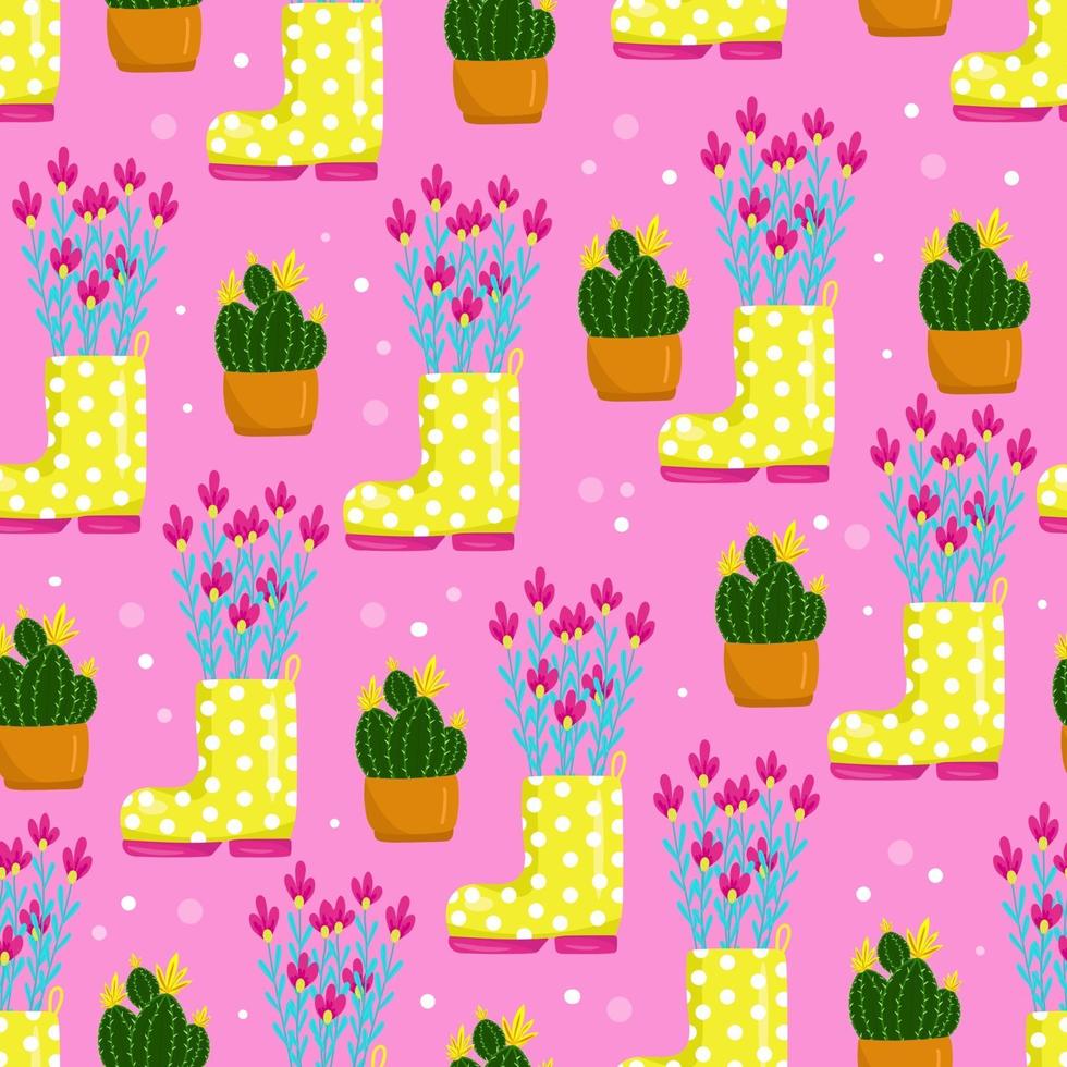 Yellow polka dot boots filled with flowers, cactus in a pot blooms with yellow flowers, seamless floral pattern, vector illustration in cartoon style, hand draw.