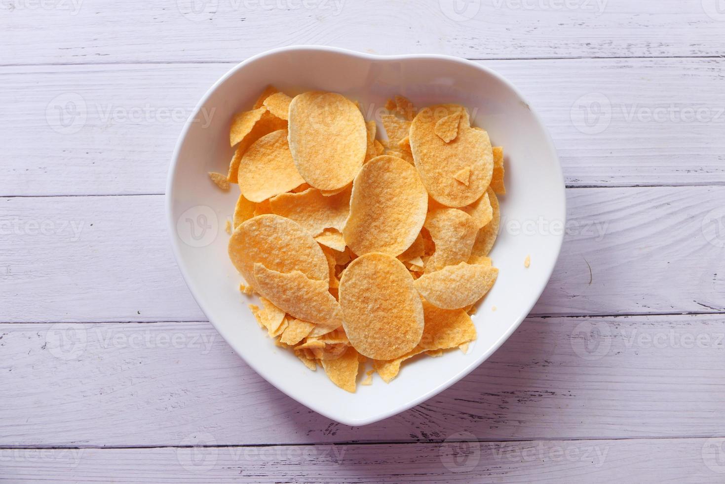 Bowl with potato chips on wooden background photo