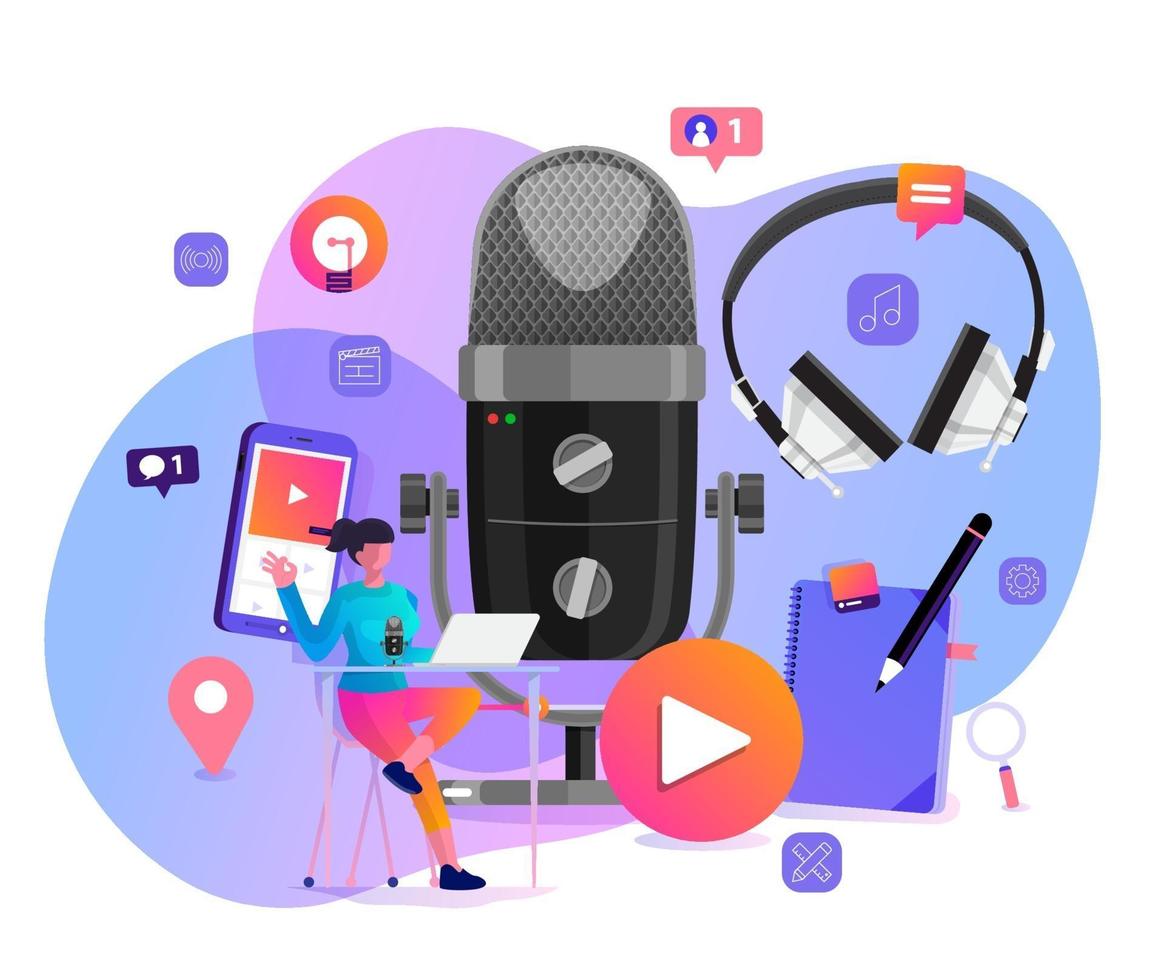 Vector illustrations concept design podcast channel. Teamwork make podcasting.Studio microphone table broadcast people. Podcast radio icon.