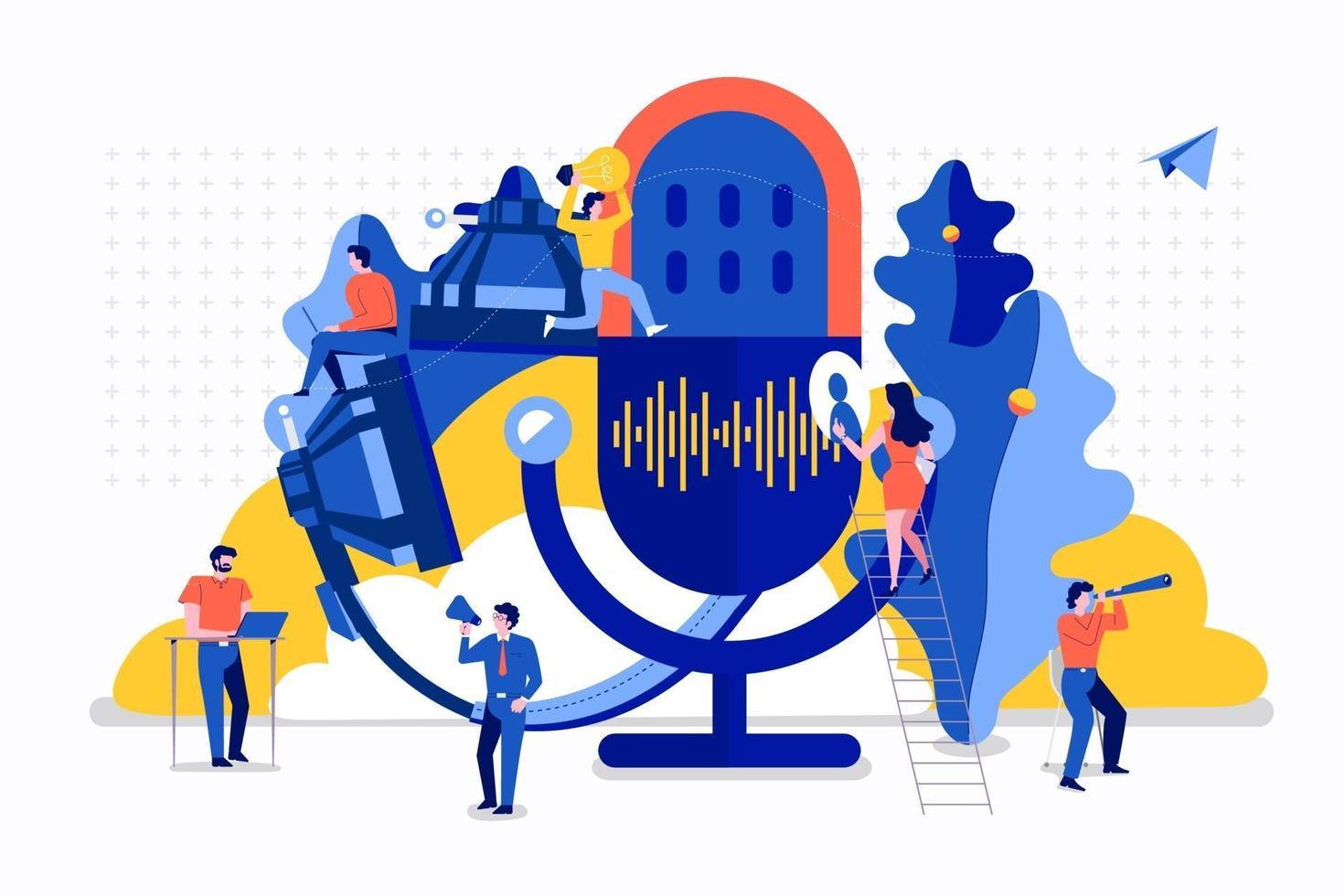 Vector illustrations concept design podcast channel. Teamwork podcasting. Studio microphone table broadcast people. Podcast radio icon.