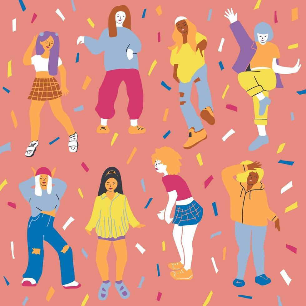 Crowd of young girls dancing at club. Big set of characters having fun at party. Flat colorful vector illustration