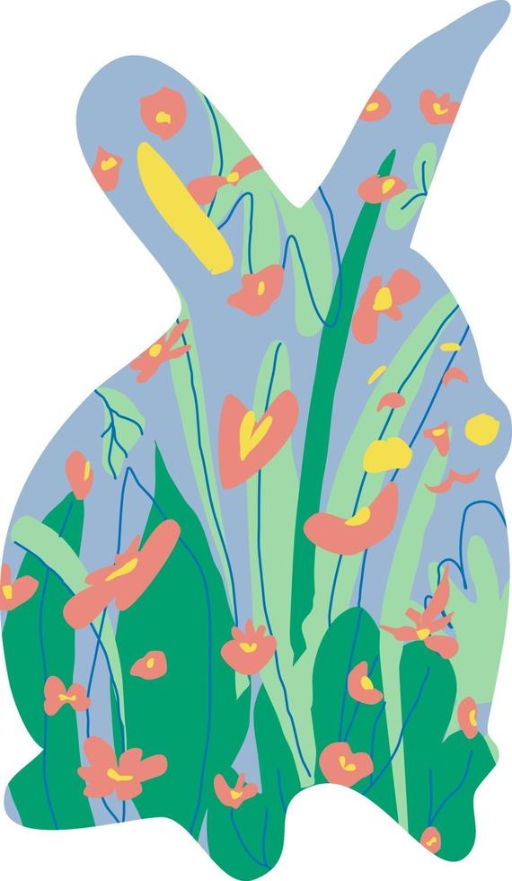 Rabbit silhouette standing illustrated with flowers and grass. Easter Bunny flat illustration vector