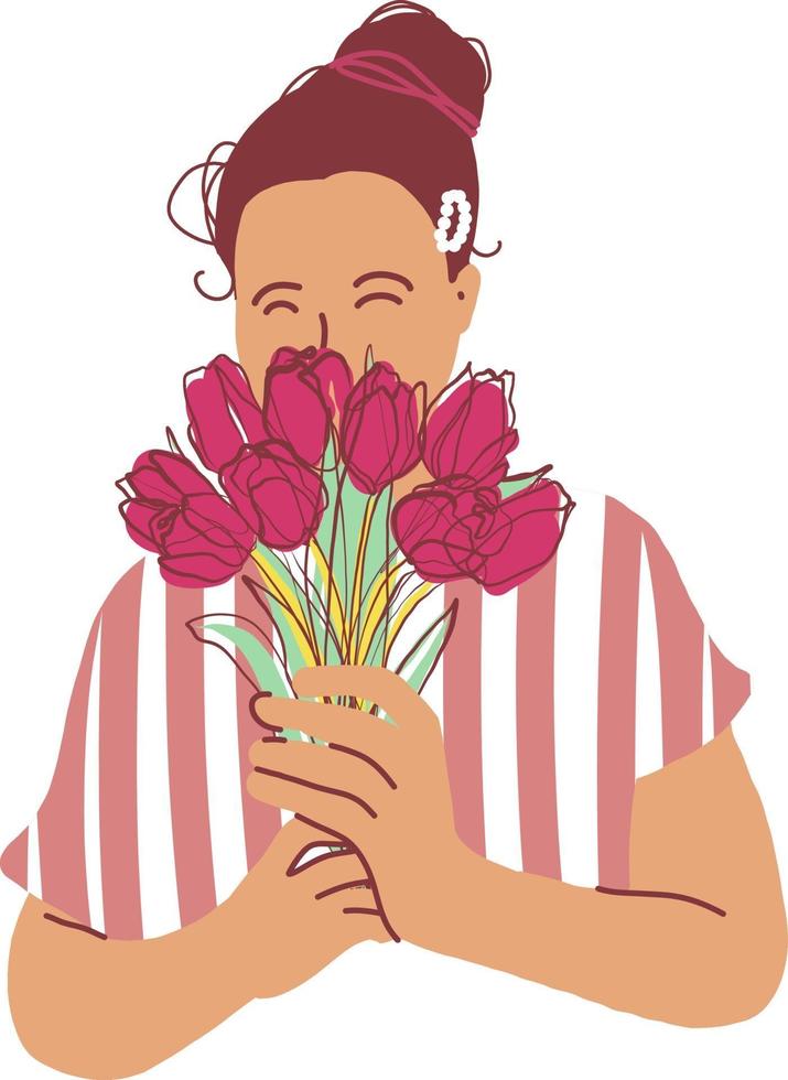 Woman with tulips bouquet flat vector illustration. Character female paint image isolated on white. Girl holds in hands spring flowers