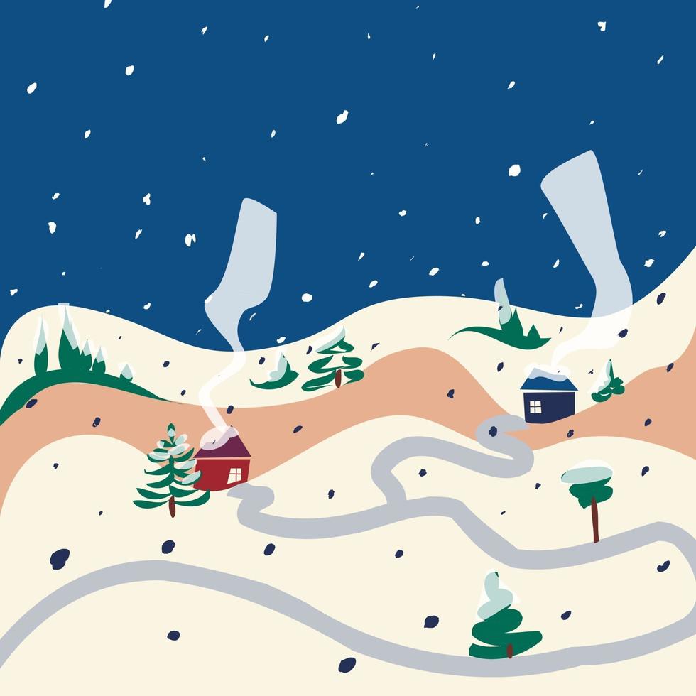 Winter snow hills house street nature landscape vector illustration. Flat, simple, cartoon.