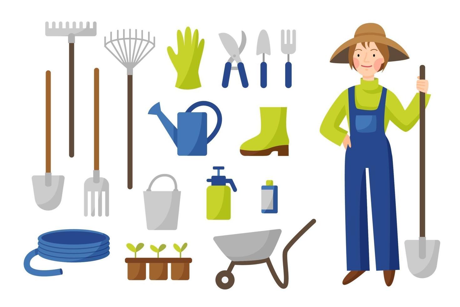 Vector collection of gardening tools in flat style isolated on a white background. A girl gardener in a hat and overalls stands with a shovel. Garden work. Farming set.