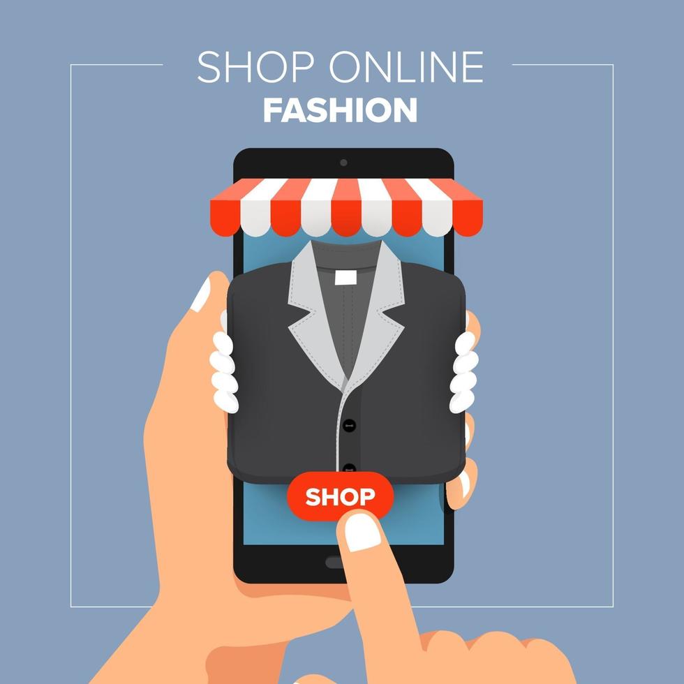 Illustrations flat design concept mobile shop online store. Hand hold mobile sale fashion shopping. vector