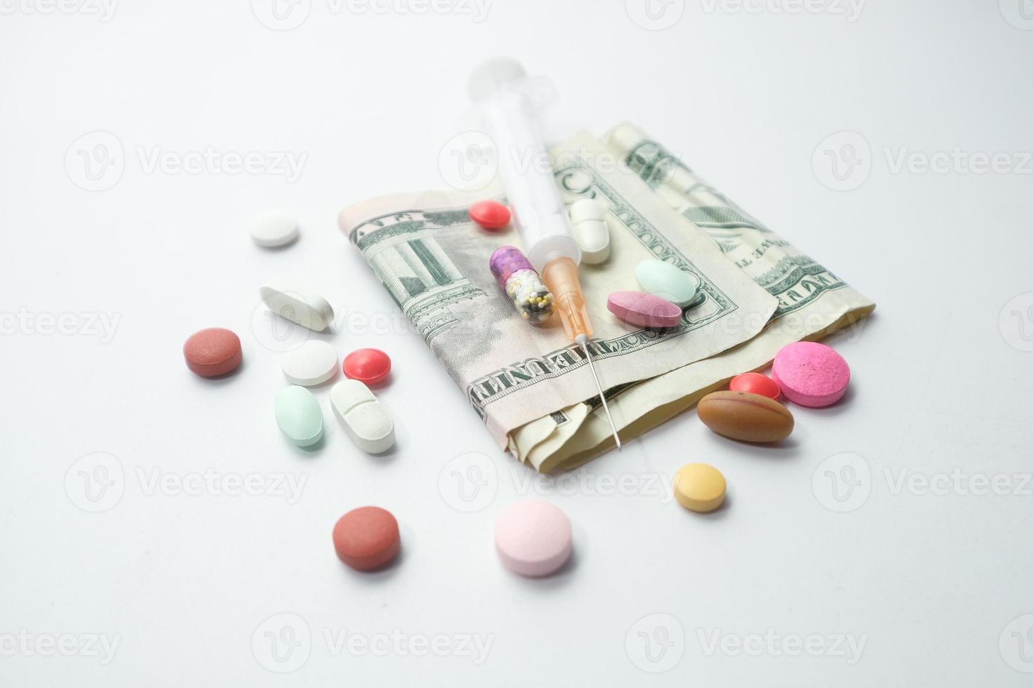 Healthcare cost concept with US dollar, syringe, and pills photo