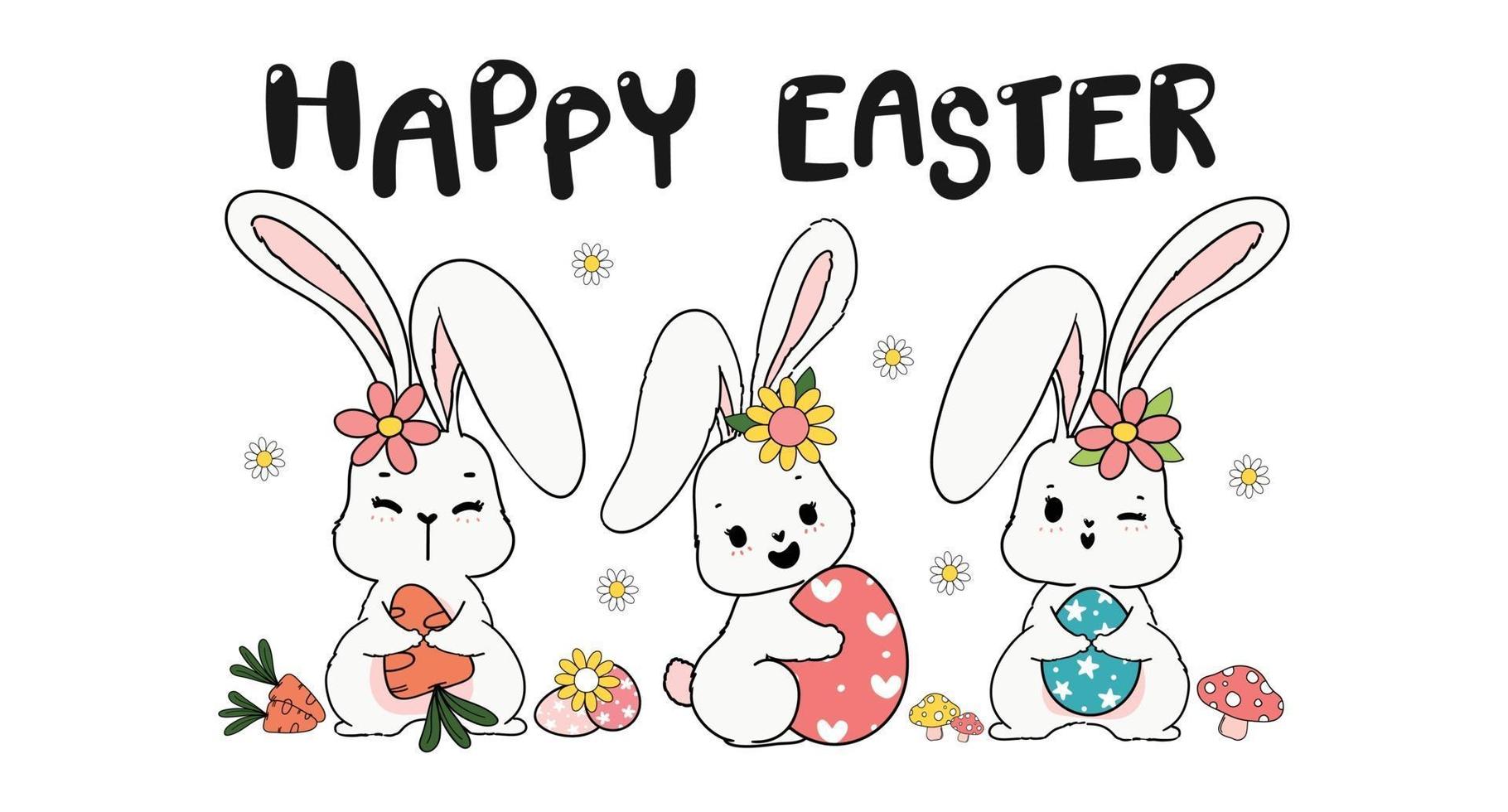 tres conejos de pascua de primavera triple con huevo de pascua, zanahoria y flor, pancarta de dibujo de dibujos animados lindo vector