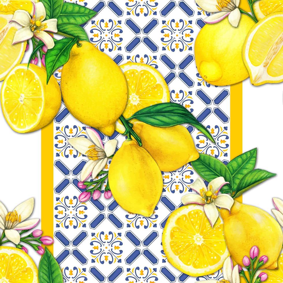 Mediterrraean lemon and tiles watercolor pattern vector