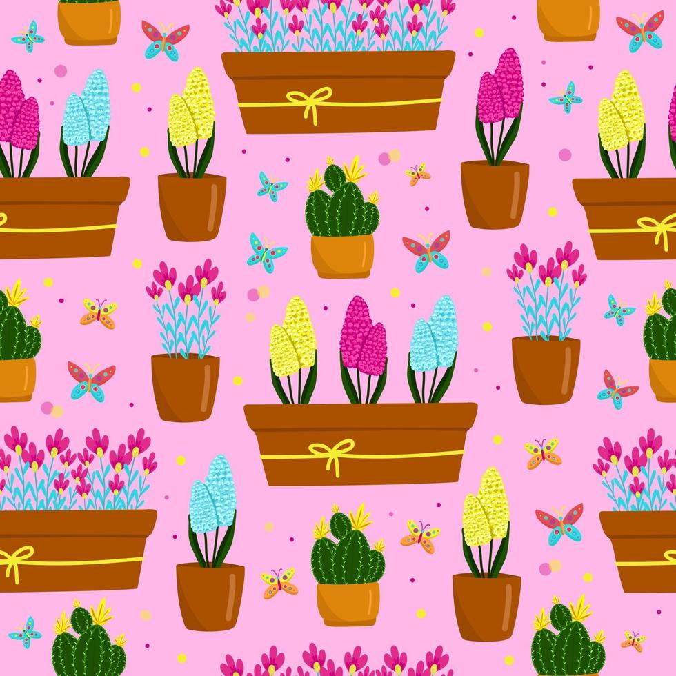 Seamless pattern with yellow, blue and purple-pink hyacinths in a pot, beautiful spring flowers in a brown pot, gift for Women's Day, vector illustration in cartoon style, flat, hand draw.