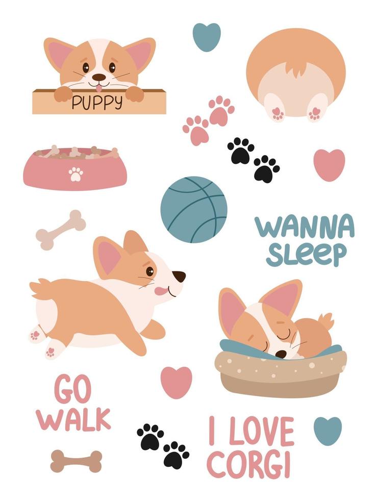 Cute set of corgi stickers vector cartoon illustration