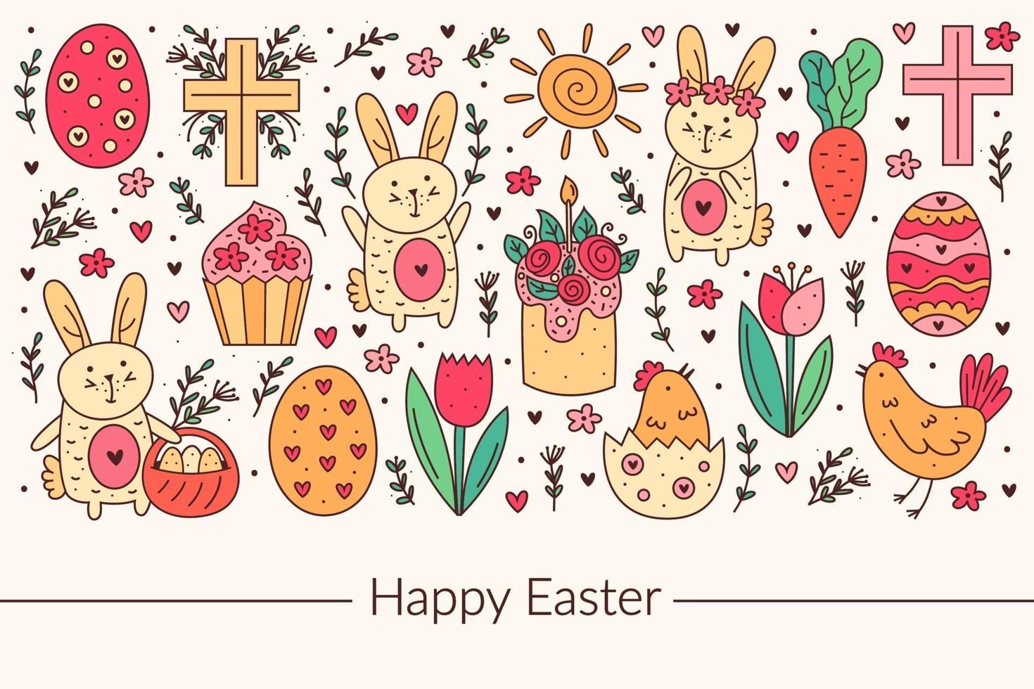 diseño de arte de línea de doodle de vacaciones de Pascua feliz. conejo, conejito, cruz cristiana, pastel, magdalena, pollo, huevo, gallina, flor, zanahoria, sol. aislado en el fondo. vector