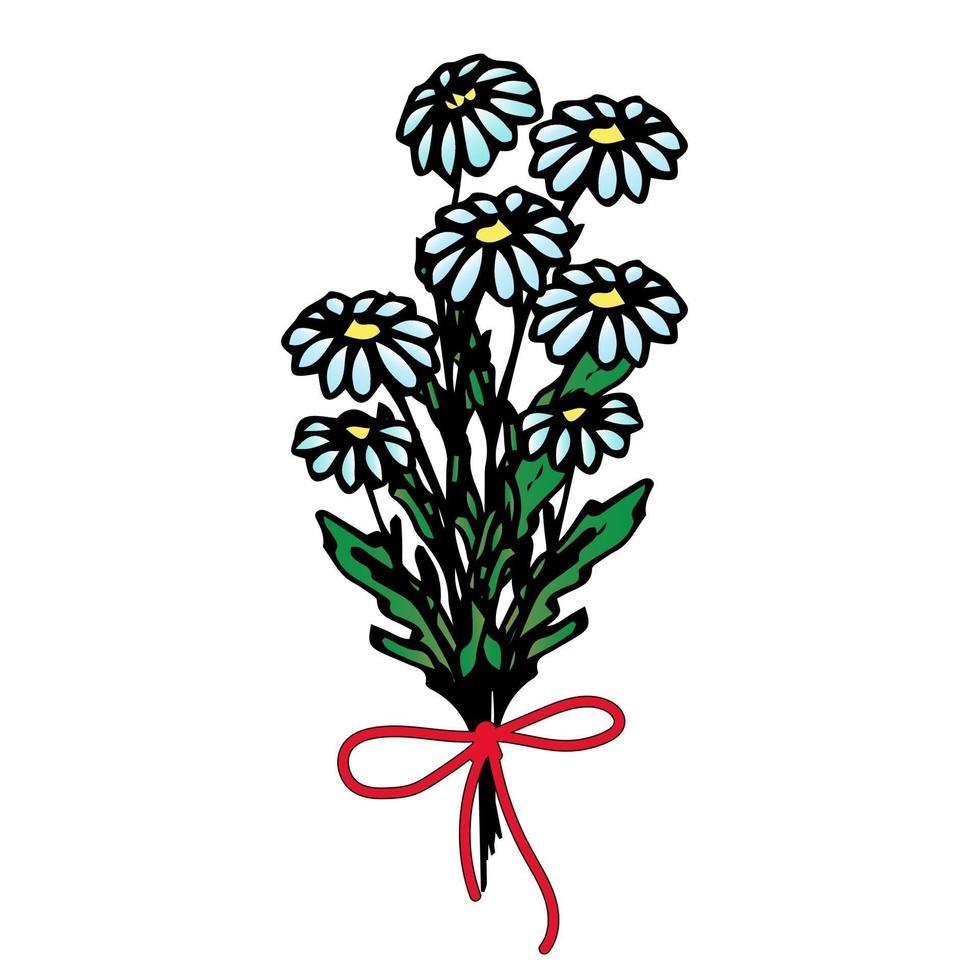 Bouquet of daisies tied with a red ribbon, arrangement of flowers, floral design, vector flowers in the style of hand draw, doodle.