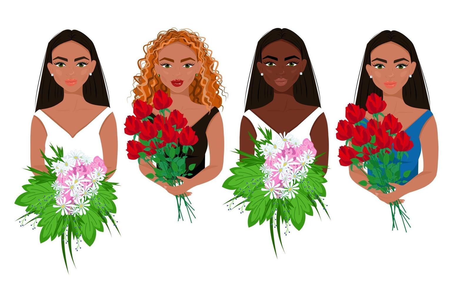 conjunto de hermosas chicas con flores en la mano, mujeres de diferentes apariciones y nacionalidades con hermosos ramos de flores, novias, estilo plano vectorial. vector