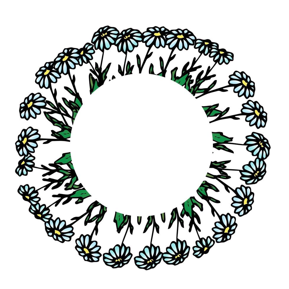 Round frame with daisies, daisy wreath, flower arrangement, floral pattern for decor, floral design, vector flowers in hand draw style, doodle.