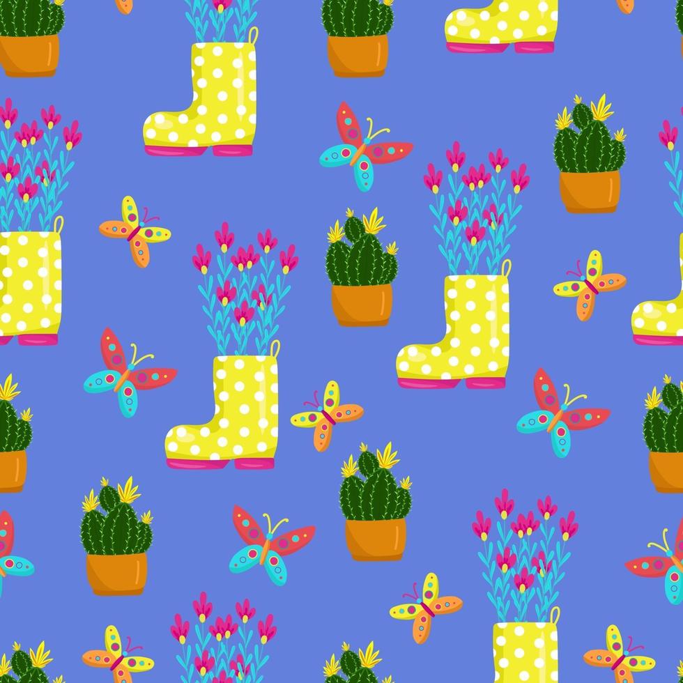 botas de lunares amarillos llenos de flores, mariposas, cactus en una maceta florece con flores amarillas, patrón floral transparente, ilustración vectorial en estilo de dibujos animados, dibujar a mano. vector