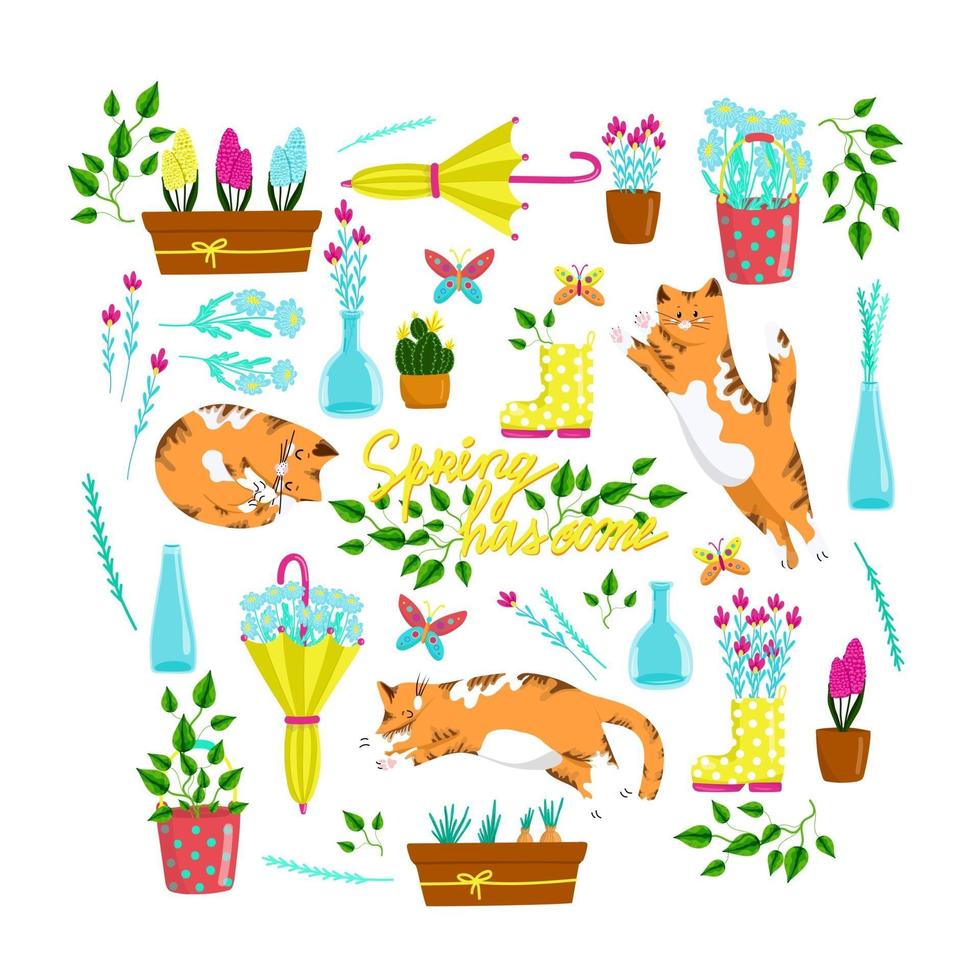 Collection of spring elements with cats in different poses, set of beautiful spring flowers and compositions, floral vector objects in cartoon style, red fat cat.