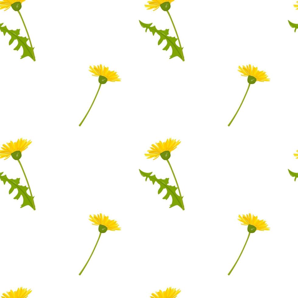 Vector seamless pattern of spring yellow dandelions and green leaves