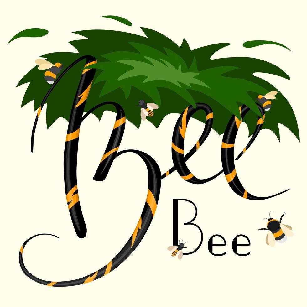 Spring lettering composition has the inscription -Bee-. Greens, bees and bumblebees on a pale yellow background vector